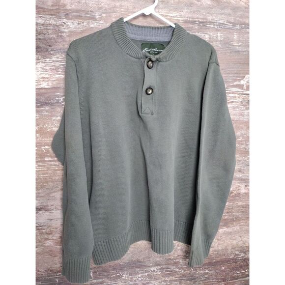 Vintage Eddie Bauer Sweater Size XL Green 1/4 Button Up Knit Combed Cotton USA - Picture 1 of 9
